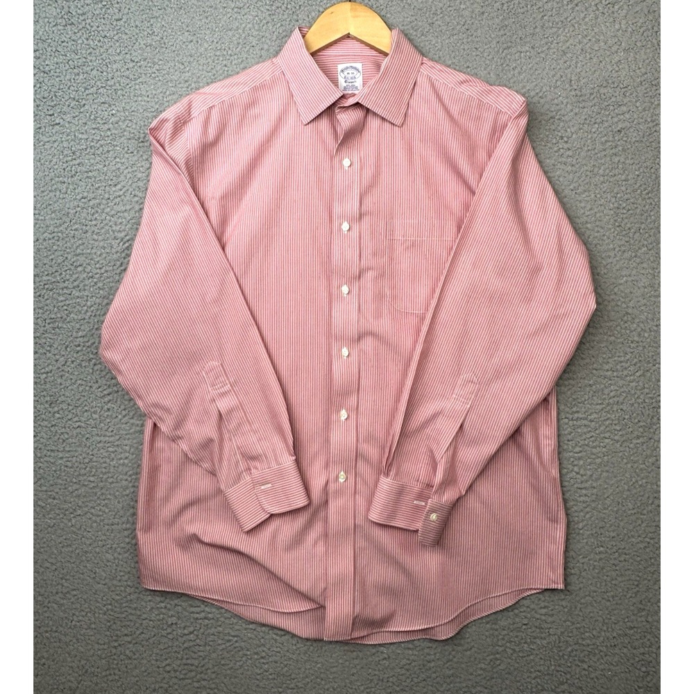 Brooks Brothers Dress Shirt Mens 16 33 Pink White Striped Classic Fit Non Iron